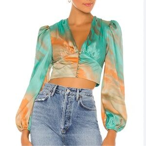 Superdown x Revolve Eleen Crop Blouse | Teal Marble Satin Puff Sleeve | XS